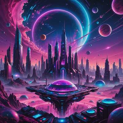 Ein lebendiges, neonfarbenes Landschaftsbild mit surrealer und traumhafter Atmosphäre. Im Mittelpunkt steht eine futuristische Stadtansicht mit leuchtenden Wolkenkratzern in Pink-, Lila- und Blautönen. Der Himmel darüber ist mit psychedelischen Sternen, Planeten und wirbelnden kosmischen Mustern gefüllt. Im Vordergrund befindet sich eine schlanke, metallische Struktur, die einem Synthesizer ähnelt, mit lebhaften, pulsierenden Lichtern und komplexen grafischen Elementen. Der Kunststil ist stark von 80er-Jahre-Retro-Futurismus beeinflusst und zeichnet sich durch mutige geometrische Formen, Gitter und ein Gefühl von Tiefe und Perspektive aus. Strahlende, wellenförmige Muster und holografische Texturen durchdringen die gesamte Szene und erzeugen ein visuell trippiges und fesselndes Erlebnis.