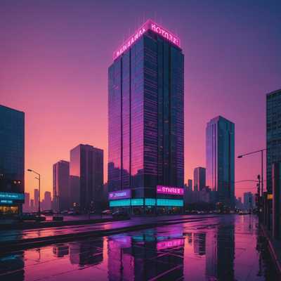 Das Bild zeigt eine retro-futuristische, neonbeleuchtete Wolkenkratzer bei Sonnenuntergang, mit einem rosa und violetten Farbverlauf am Himmel und einer halb versunkenen Sonne am Horizont. Der Wolkenkratzer hat hell erleuchtete Fenster und leuchtende Neonschilder in verschiedenen Farben, darunter Blau, Rosa und Grün. Ein gitterartiger Weg oder Straß, der an Computergrafiken der 1980er Jahre erinnert, erstreckt sich vom Vordergrund bis zum Horizont und konvergiert an der Basis der Sonne. Entlang der Seiten dieses Weges sind Palmen verstreut, was das tropische, nostalgische Gefühl verstärkt. Ein schlankes, futuristisches Auto mit leuchtenden Scheinwerfern fährt den Weg entlang und hinterlässt eine Lichtspur. Die gesamte Szene ist in eine traumhafte Dunst gehüllt, charakteristisch für die Synthwave-Ästhetik.
