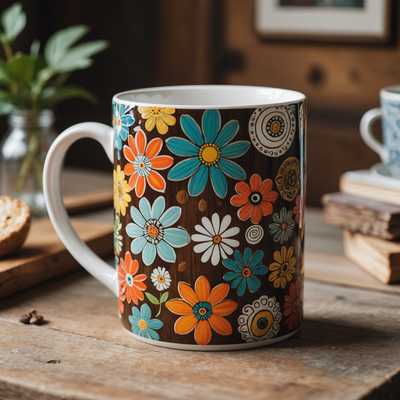 Bunte Blumen-Keramiktasse im gemütlichen Innenbereich