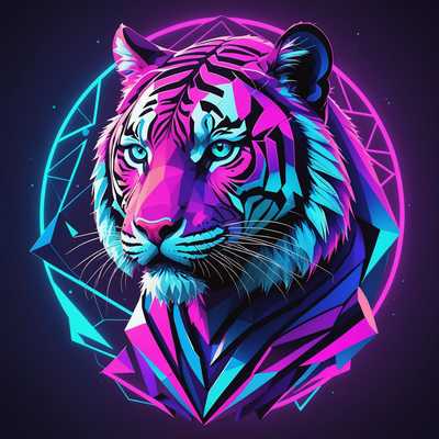 Ein leuchtendes T-Shirt-Design mit einem neonfarbenen Tiger und geometrischen Formen im Hintergrund. Der Tiger wird in einer wilden Haltung dargestellt, seine Augen leuchten in elektrischen Blautönen, und sein Fell verschmilzt mit Schattierungen von Lila, Pink und Blau. Die geometrischen Formen umfassen Dreiecke und Linien, die eine stilisierte Bergkette bilden, mit einem großen, leuchtenden Mond am Himmel. Das Gesamtdesign ist von einer 80er-Jahre-Retro-Ästhetik durchdrungen, hervorgehoben durch ein Rastermuster auf dem Boden und helle, kontrastreiche Farben, die für den Synthwave-Stil typisch sind.