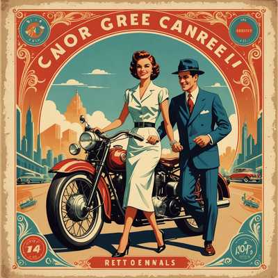 Das Bild zeigt eine lebendige Vintage-Poster-Kunst mit einer dynamischen und farbenfrohen Illustration im Retro-Look. Zu sehen sind markante, stilisierte Figuren, die möglicherweise vom Design der Mitte des 20. Jahrhunderts inspiriert sind und sich in verschiedenen Aktivitäten oder Posen befinden. Der Hintergrund zeigt eine reiche, verblasste Farbpalette mit Elementen, die ein Gefühl von Nostalgie vermitteln. Die Typografie ist auffällig und hat eine handgezeichnete Qualität, die das künstlerische Gesamtthema ergänzt. Verschiedene Vintage-Motive und ornamentale Details sind nahtlos integriert und schaffen ein zusammenhängendes und auffälliges visuelles Gesamtbild. Die Komposition ist ausgewogen und hält ein perfektes Gleichgewicht zwischen den vordergründigen Figuren und den detaillierten Hintergrundelementen.
