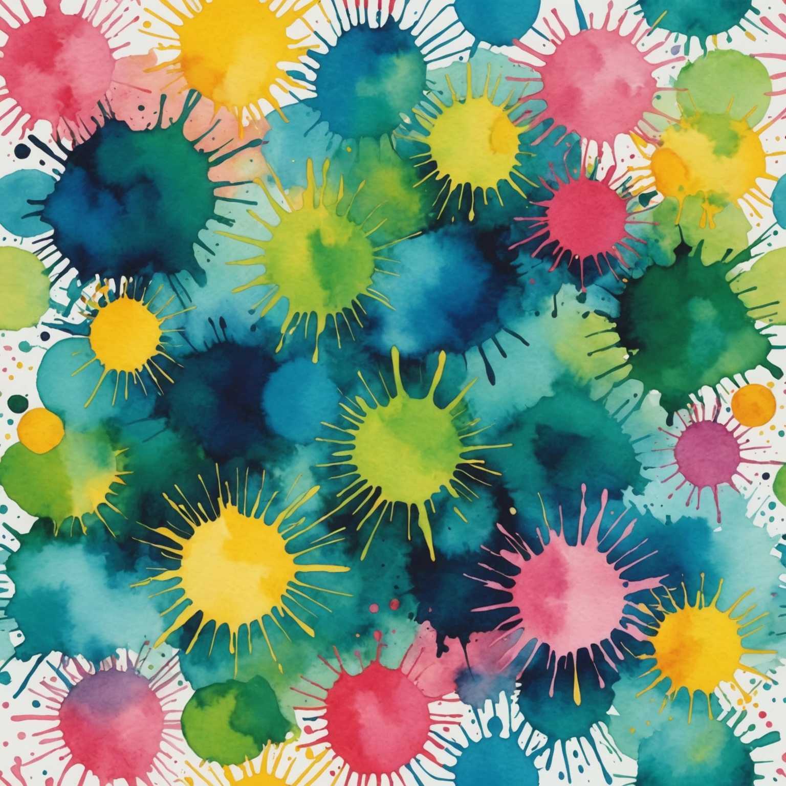 Das Bild zeigt einen lebendigen Aquarellspritzer mit einem nahtlosen Farbspektrum. Blaue, grüne, rosa und gelbe Töne vermischen sich in einem flüssigen, abstrakten Muster und schaffen eine dynamische und visuell beeindruckende Komposition. Der Hintergrund ist überwiegend weiß, was die Lebendigkeit des Aquarellspritzers betont. Es sind keine erkennbaren Formen oder Figuren zu sehen, was die Zufälligkeit und Spontanität der Aquarellbewegung unterstreicht. Die Gesamtwirkung ist eine energetische Kreativität und künstlerischer Ausdruck.