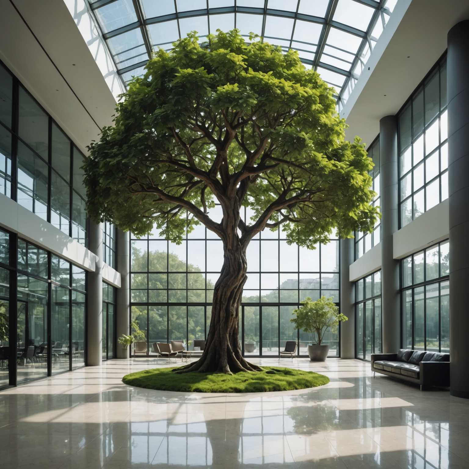 Ein großer Baum mit ausgebreiteten Ästen in einem modernen, futuristischen Innenraum. Der Baum befindet sich zwischen glatten, reflektierenden Materialien mit minimalistischem Design und üppigem, lebendigem Pflanzenleben. Große Glasfenster und -platten lassen natürliches Licht in den Raum strömen.