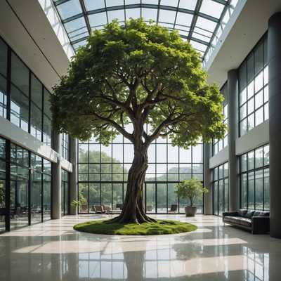 Ein großer Baum mit ausgebreiteten Ästen in einem modernen, futuristischen Innenraum. Der Baum befindet sich zwischen glatten, reflektierenden Materialien mit minimalistischem Design und üppigem, lebendigem Pflanzenleben. Große Glasfenster und -platten lassen natürliches Licht in den Raum strömen.