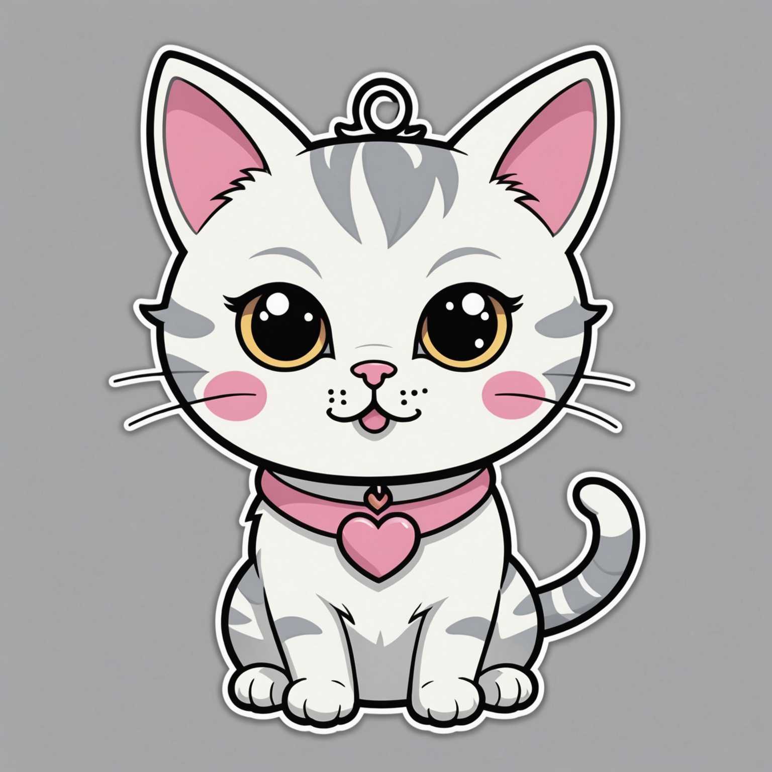 Dieser Sticker zeigt eine niedliche, im Cartoon-Stil gezeichnete weiße Katze mit großen, ausdrucksstarken Augen. Sie hat graue Streifen auf Kopf und Rücken, eine kleine rosa Nase und trägt ein rosa Halsband mit einem herzförmigen Anhänger. Ihr buschiger Schwanz und die rosa Wangen betonen den verspielten Charakter, während die Ohren mit schwarzen Umrissen versehen sind. Die Katze sitzt vor einem hellgrauen Hintergrund, und das Design ist im kawaii-Stil mit einfachen Formen und kräftigen Umrissen gehalten, was dem Sticker ein bezauberndes Aussehen verleiht.