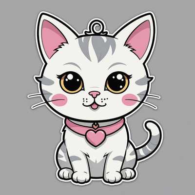 Dieser Sticker zeigt eine niedliche, im Cartoon-Stil gezeichnete weiße Katze mit großen, ausdrucksstarken Augen. Sie hat graue Streifen auf Kopf und Rücken, eine kleine rosa Nase und trägt ein rosa Halsband mit einem herzförmigen Anhänger. Ihr buschiger Schwanz und die rosa Wangen betonen den verspielten Charakter, während die Ohren mit schwarzen Umrissen versehen sind. Die Katze sitzt vor einem hellgrauen Hintergrund, und das Design ist im kawaii-Stil mit einfachen Formen und kräftigen Umrissen gehalten, was dem Sticker ein bezauberndes Aussehen verleiht.