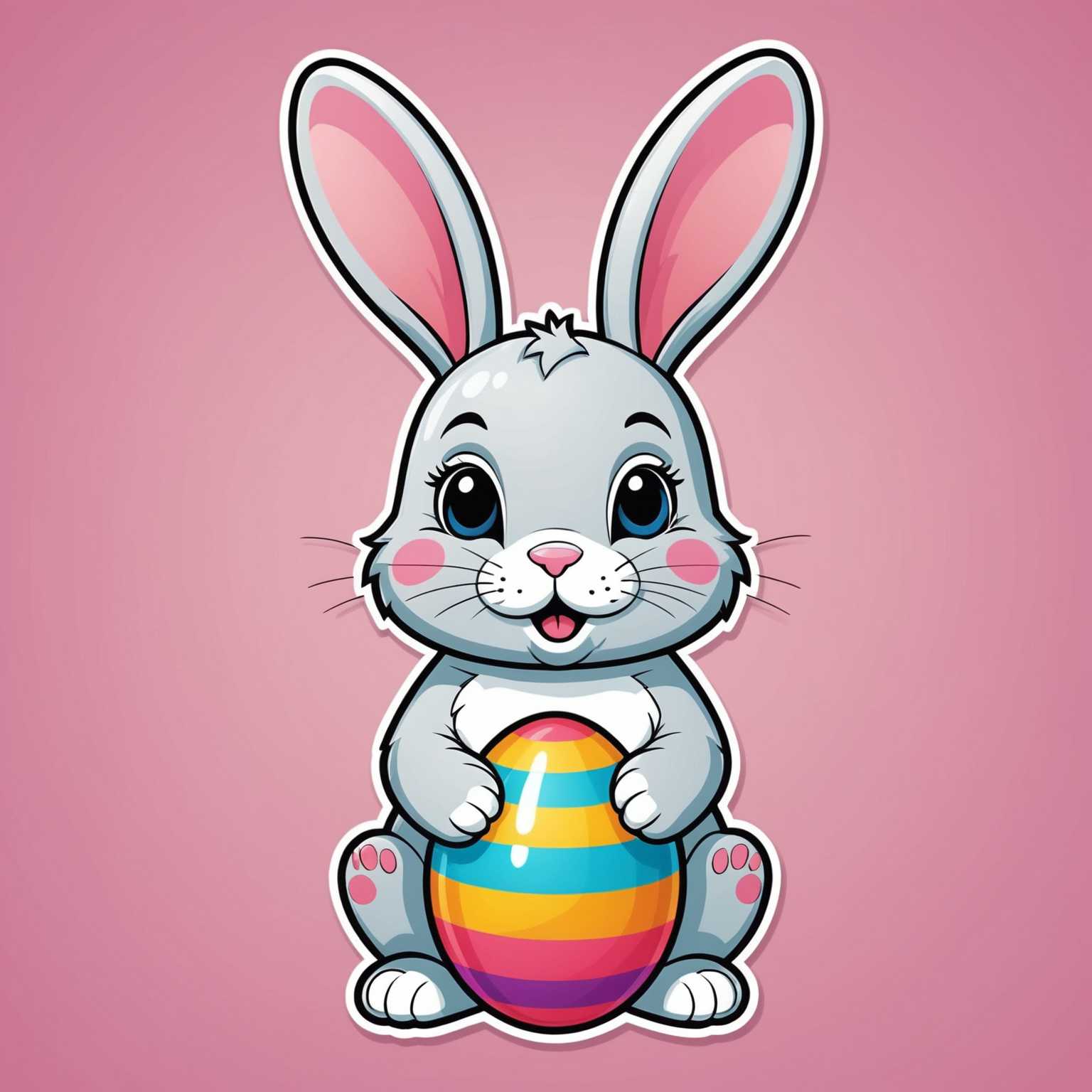 Ein niedlicher, cartoonartiger Hase im 2D-Design, der aufrecht sitzt und ein gestreiftes, buntes Osterei hält. Der Hase hat große, abgerundete Ohren, eine kleine Nase und trägt Pastelltöne in Rosa an den Wangen und Innenseiten der Ohren. Das Ei ist in Pastellfarben wie Rosa, Gelb und Blau gestaltet. Der Hintergrund ist weiß, und das Design zeichnet sich durch einfache Formen, kräftige Umrisse und lebendige Farben aus, die an einen Aufkleber im flachen Stil erinnern. Der Hase vermittelt mit seinem niedlichen Ausdruck eine spielerische und unbeschwerte Atmosphäre.