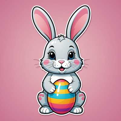 Ein niedlicher, cartoonartiger Hase im 2D-Design, der aufrecht sitzt und ein gestreiftes, buntes Osterei hält. Der Hase hat große, abgerundete Ohren, eine kleine Nase und trägt Pastelltöne in Rosa an den Wangen und Innenseiten der Ohren. Das Ei ist in Pastellfarben wie Rosa, Gelb und Blau gestaltet. Der Hintergrund ist weiß, und das Design zeichnet sich durch einfache Formen, kräftige Umrisse und lebendige Farben aus, die an einen Aufkleber im flachen Stil erinnern. Der Hase vermittelt mit seinem niedlichen Ausdruck eine spielerische und unbeschwerte Atmosphäre.