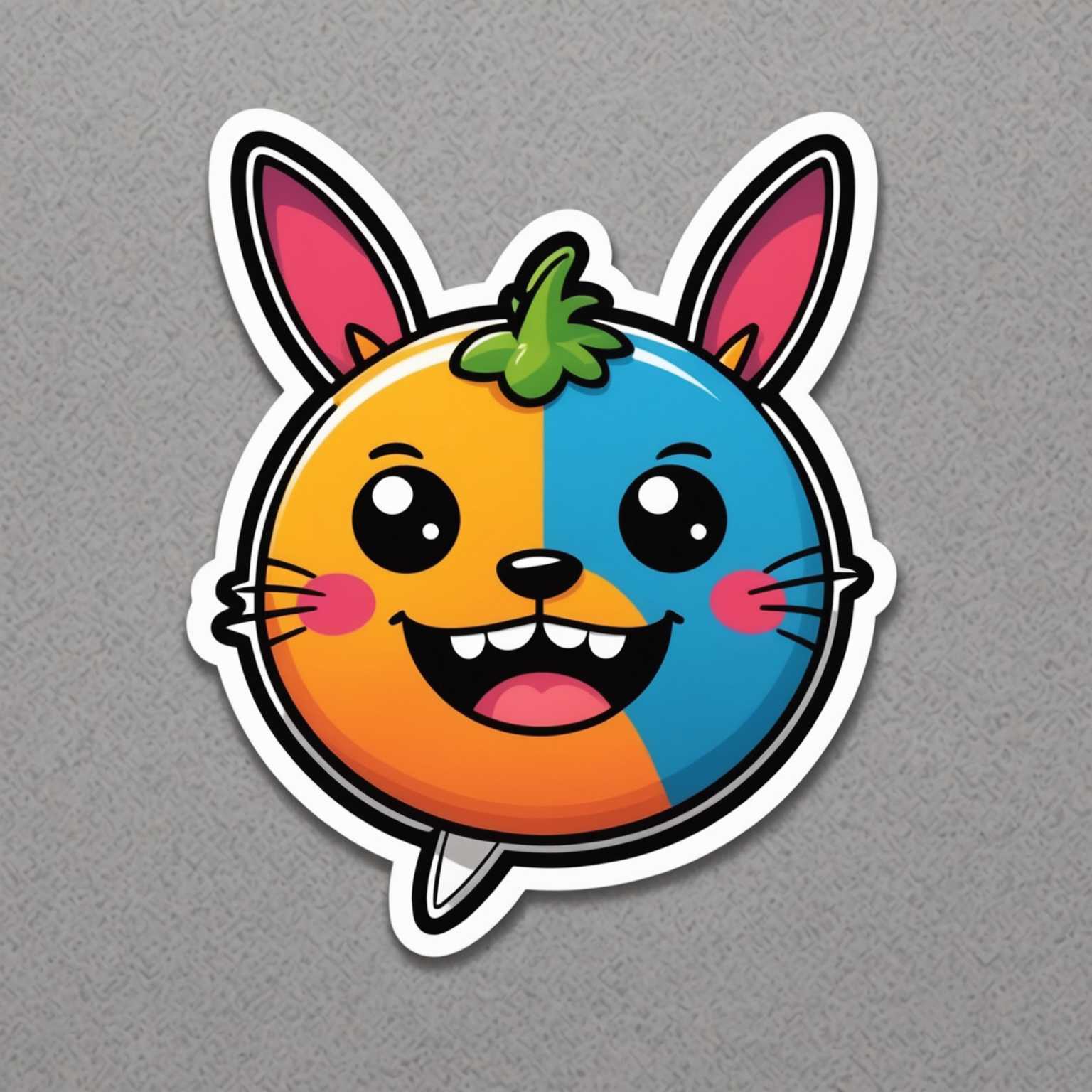 Ein niedlicher Sticker im Cartoon-Stil mit leuchtenden Farben und markanten Umrissen. Das Design zeigt einen fantasievollen Charakter oder ein Objekt in einem 2D-Vektor-Art-Stil. Der Sticker besitzt einen sogenannten Deadcut-Rand, wodurch das Motiv klar und sauber vom weißen Hintergrund getrennt ist. Die Darstellung ist einfach und flach, mit einem sauberen, fröhlichen Ausdruck, ideal für die Verwendung als verspielter Aufkleber auf verschiedenen Oberflächen.