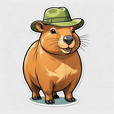 Ein niedliches Cartoon-Kapibara auf einem tealfarbenen Hintergrund, das eine blaue Teetasse hält. Das Kapibara hat einen zufriedenen Ausdruck und ist im flachen Design mit kräftigen Umrissen und einfachen Formen gestaltet. Perfekt als Sticker-Design mit sauberem, weißem Hintergrund und süßem Ausdruck.