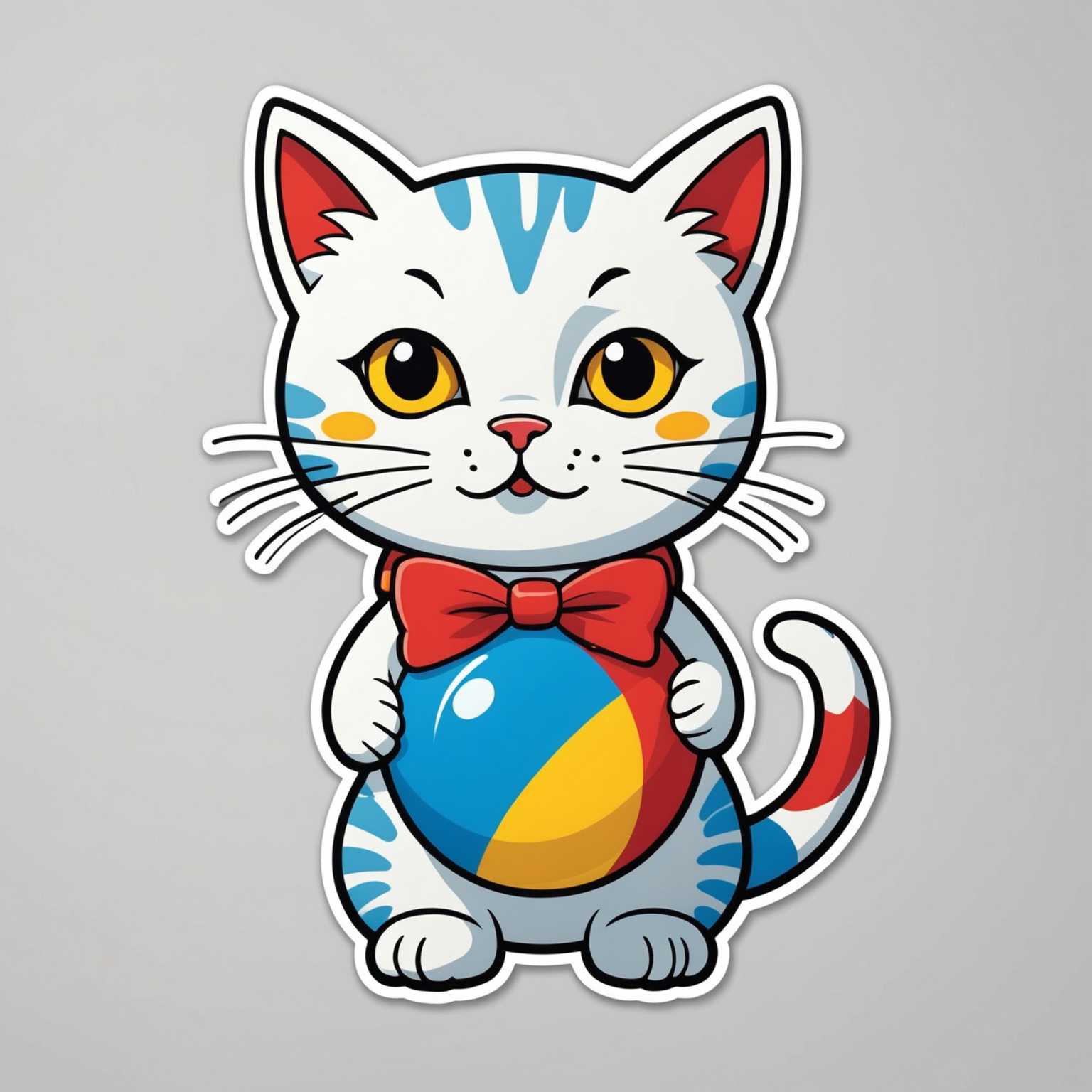 Diese Illustration zeigt eine niedliche Cartoon-Katze mit einem weißen Körper und einfachen Gesichtszügen. Sie trägt ein buntes Outfit und hat eine rote Schleife am linken Ohr. In ihren Pfoten hält sie einen bunten Strandball mit blauen, roten und gelben Segmenten. Der Hintergrund ist ein schlichtes, neutrales Design. Perfekt als Sticker in einem frischen, 2D-Vektor-Art-Stil mit klaren Kanten und kräftigen Umrissen dargestellt.