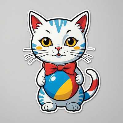 Diese Illustration zeigt eine niedliche Cartoon-Katze mit einem weißen Körper und einfachen Gesichtszügen. Sie trägt ein buntes Outfit und hat eine rote Schleife am linken Ohr. In ihren Pfoten hält sie einen bunten Strandball mit blauen, roten und gelben Segmenten. Der Hintergrund ist ein schlichtes, neutrales Design. Perfekt als Sticker in einem frischen, 2D-Vektor-Art-Stil mit klaren Kanten und kräftigen Umrissen dargestellt.