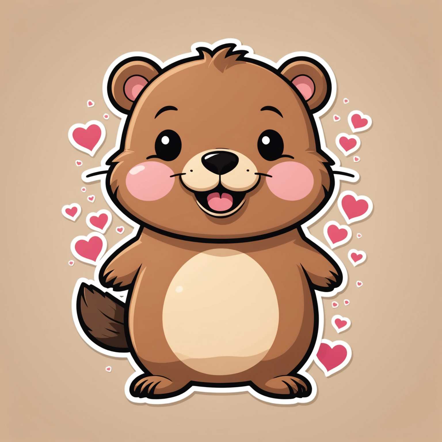 Dieses niedliche Sticker-Motiv zeigt einen kawaii-stilisierten Biber mit molligen Wangen und kleinen Ohren. Der Biber hat einen hellbraunen Körper und einen dunkelbraunen Schwanz. Er zeigt einen einfachen, fröhlichen Ausdruck mit rosigen Wangen und einer kleinen Schnauze. Der Hintergrund ist in einem leichten Creme-Ton gehalten und mit kleinen braunen und rosa Herzen dekoriert, die das verspielte und bezaubernde Thema unterstreichen. Perfekt für alle, die niedliche und farbenfrohe Designs lieben!