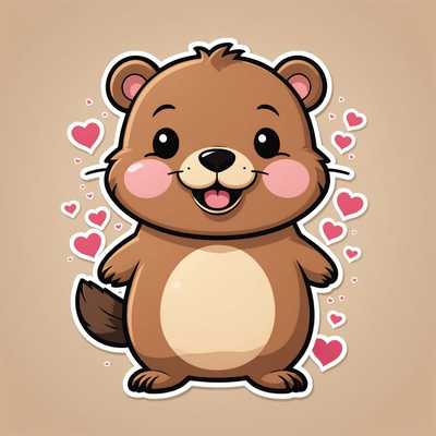Dieses niedliche Sticker-Motiv zeigt einen kawaii-stilisierten Biber mit molligen Wangen und kleinen Ohren. Der Biber hat einen hellbraunen Körper und einen dunkelbraunen Schwanz. Er zeigt einen einfachen, fröhlichen Ausdruck mit rosigen Wangen und einer kleinen Schnauze. Der Hintergrund ist in einem leichten Creme-Ton gehalten und mit kleinen braunen und rosa Herzen dekoriert, die das verspielte und bezaubernde Thema unterstreichen. Perfekt für alle, die niedliche und farbenfrohe Designs lieben!