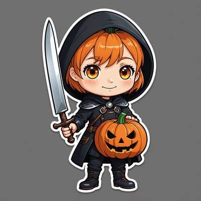 Dieses Sticker-Design zeigt einen chibi-stilisierten Charakter mit einem blassen Gesicht und großen dunklen Augen, der auf dem Boden liegt. Der Charakter trägt ein dunkles Outfit und hält ein großes Messer. Neben ihm befindet sich ein geschnitzter Kürbis mit einem lächelnden Gesicht. Kleine funkelnde Sterne umgeben den Kürbis und verleihen der Illustration eine verspielte und niedliche Atmosphäre. Der flächige Vektor-Stil mit kräftigen Umrissen und strahlenden Farben unterstreicht das charmante Design.