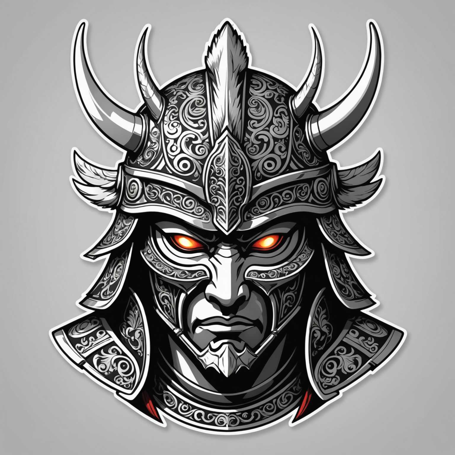 Dieser beeindruckende Sticker zeigt einen Samurai-Helm in einem flachen Design vor einem weißen Hintergrund. Die markante Farbgebung und die detailreiche Gestaltung heben die kämpferische Eleganz dieses traditionellen Motives hervor. Der Helm ist überwiegend in Silber gehalten, verziert mit weißen Federn und einem kunstvollen Design, das ein furchteinflößendes, stilisiertes Gesicht zeigt. Auffällig sind die nach oben geschwungenen, glänzenden Hörner, die eine kraftvolle Kriegerästhetik schaffen. Diese Kombination aus scharfen Linien und Schatten mit einer einfachen, aber ausdrucksstarken Gestaltung macht den Sticker zu einem besonderen Highlight.