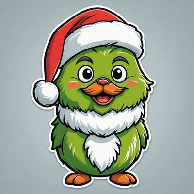 Dieser humorvolle Sticker zeigt ein grünes, cartoonhaftes Wesen mit verschmitztem Grinsen und leuchtenden Augen. Es trägt dicke Augenbrauen und einen roten Weihnachtsmann-Hut mit weißem Saum und flauschigem weißen Bommel an der Spitze. Um den Hals des Wesens liegt ein weißer, flauschiger Kragen. Der Ausdruck ist listig und verspielt. Der Hintergrund ist schlicht in einem hellen Grau gehalten, was die klaren Kanten und die kräftigen Farben des lustigen Designs hervorhebt.