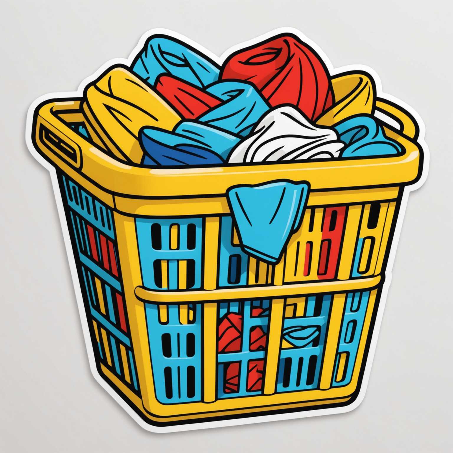 Dieser farbenfrohe Sticker zeigt einen cartoonartigen Wäschekorb, gefüllt mit ordentlich gefalteter Kleidung in lebendigen Farben wie Gelb, Blau und Rot. Der Korb besteht aus einem geflochtenen Material und strahlt durch den Einsatz von kräftigen Umrissen und einfachen Formen im 2D-Vektor-Stil eine spielerische und süße Ausstrahlung aus. Der Hintergrund ist schlicht weiß gehalten, um den Sticker-Charakter hervorzuheben und die sauberen Linien betonen das klare und einfache Design. Dieser Sticker verleiht jedem Alltagsgegenstand ein charmantes und lustiges Element.
