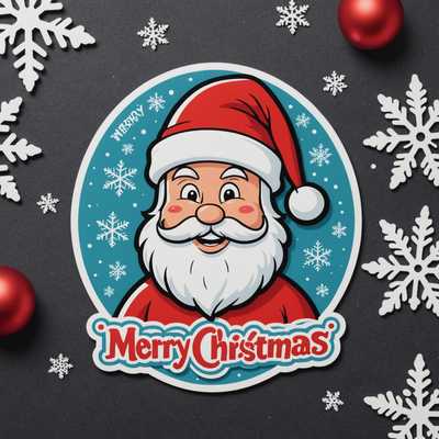 Ein charmantes Stickerdesign mit drei Cartoon-Figuren, die festliche Santa-Mützen tragen, vor einem festlichen Hintergrund. Die Figuren lächeln, einer von ihnen trägt eine rote und weiße gepunktete Schleife. In der Mitte steht ein märchenhaftes Schloss, umgeben von Schneeflocken. Der Schriftzug 'Very Merry Christmas!' ist in eleganten Buchstaben im Vordergrund zu sehen. Die Farbkombination von Rot, Weiß und Schwarz auf einem dunklen Hintergrund bringt das Design wunderbar zur Geltung.