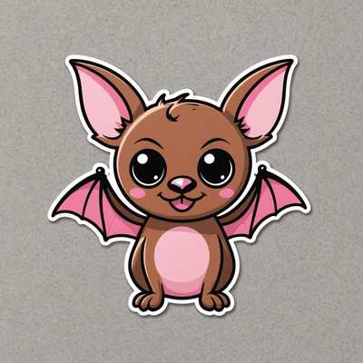 Ein niedlicher, cartoonartiger Fledermaus-Sticker auf einem weißen Hintergrund. Die Fledermaus hat einen runden braunen Kopf mit großen glänzenden Augen und einem fröhlichen Ausdruck. Ihre großen Ohren sind schwarz und pink gefärbt, und sie hat rosafarbene Wangen. Die kleinen Flügel sind mit pinken und schwarzen Akzenten verziert. Das Design ist im Deadcut-Sticker-Stil mit fetten Umrissen, einfachen Formen und kräftigen Farben gehalten und strahlt mit einem niedlichen Ausdruck im 2D-Vektor-Art-Stil pure Fröhlichkeit aus.