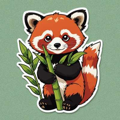 Dieser Sticker zeigt einen niedlichen, cartoonhaft gestalteten roten Panda, der einen grünen Bambusstiel umarmt. Der Panda hat einen buschigen, gestreiften Schwanz und leuchtend ausdrucksstarke Augen. Sein Fell ist in kräftigem Rot und Weiß gehalten, mit dunkleren Fellpartien an den Gliedmaßen. Umgeben von grünen Bambusblättern, vermittelt dieses Bild ein verspieltes und natürliches Thema. Der weiße Hintergrund hebt die farbenfrohen Details des Pandas und des Bambus hervor, wodurch ein klarer, moderner Look entsteht, der perfekt als Stickerdesign geeignet ist.
