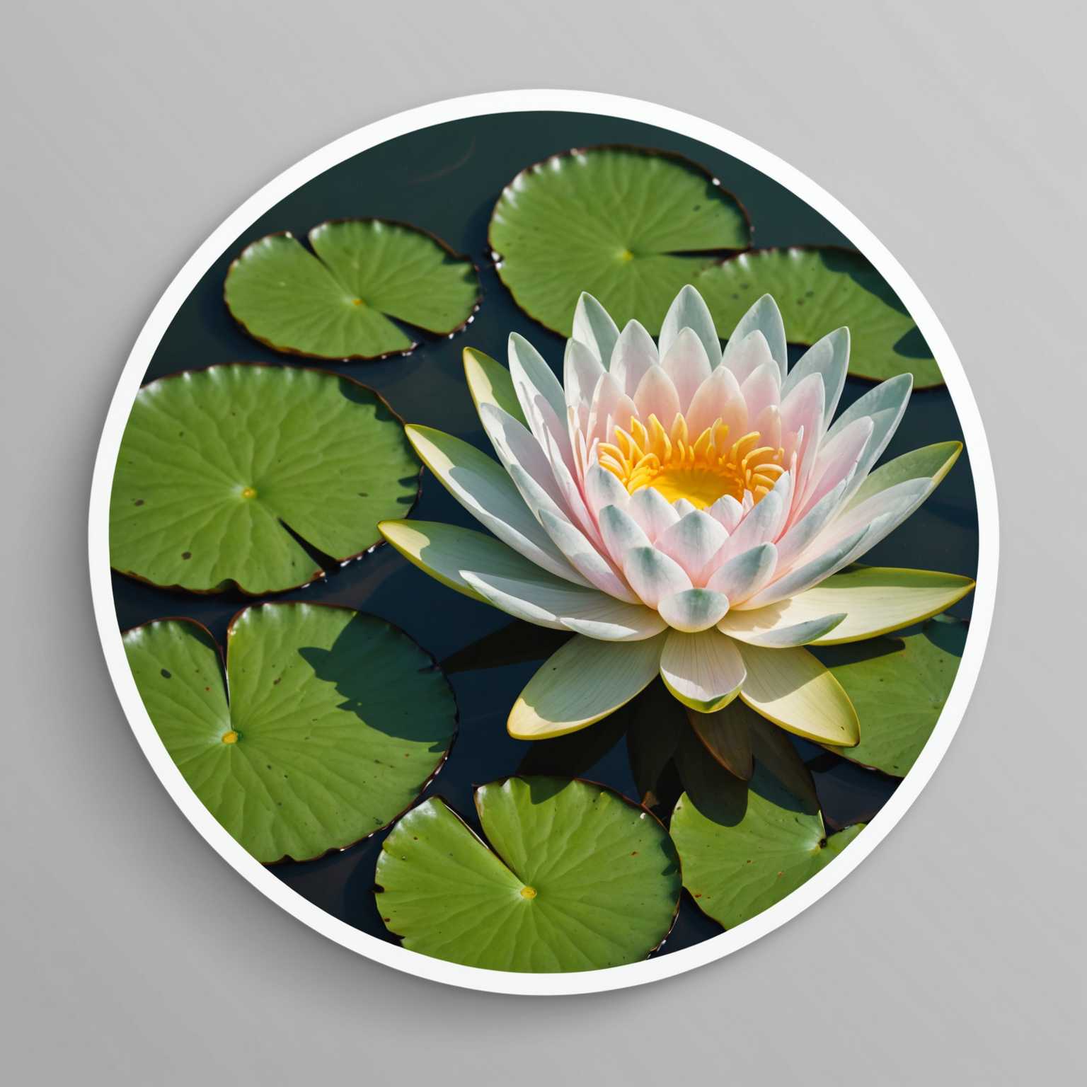 Dieser Aufkleber zeigt eine elegante Seerose in voller Blüte. Die Blütenblätter sind weiß mit einem zarten Hauch von Rosa. Die Blume ruht auf einem breiten, dunkelgrünen Seerosenblatt mit gut sichtbaren Adern. Der sanft geschwungene Stängel hebt sich von einem dezenten, hellgrauen Hintergrund ab, der die Farben der Seerose und des Blatts betont. Diese Illustration besticht durch einen 2D-Vektor-Stil mit kräftigen Konturen und leuchtenden Farben und ist ideal für Stickerliebhaber.