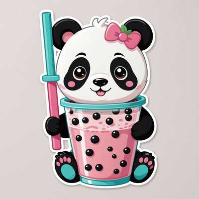 Dieser niedliche Cartoon-Panda hat große, ausdrucksvolle Augen, rosige Wangen und kleine, pinke Ohren. Er hält einen Becher mit rosa Bubble Tea, der schwarze Tapioka-Perlen enthält und einen türkisfarbenen Deckel mit einem pinken Strohhalm hat. Die Pfoten und Füße des Pandas sind abgerundet und mit pinken Ballen versehen. Der Panda sitzt vor einem schlichten weißen Hintergrund. Das Design ist als Abziehbild gestaltet und zeichnet sich durch einen flachen Stil, kräftige Umrisse und leuchtende Farben aus.