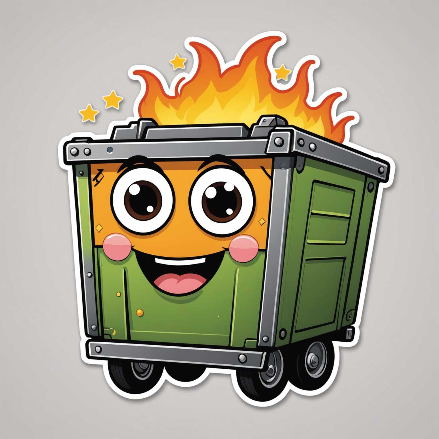 Dieser niedliche Aufkleber zeigt einen Cartoon-Müllcontainer mit einem fröhlichen Gesicht, großen funkelnden Augen und errötenden Wangen. Der Container steht auf Rädern und oben lodern helle, animierte Flammen, die von kleinen, leuchtenden Sternen umgeben sind. Der Hintergrund ist in einem zarten Rosa gehalten, und das Design zeichnet sich durch einen flachen Stil, kräftige Umrisse, einfache Formen und lebendige Farben aus. Ein perfektes Motiv für Liebhaber von fröhlichen und kreativen Stickerdesigns im 2D-Vektor-Stil.