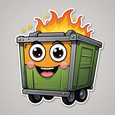 Dieser niedliche Aufkleber zeigt einen Cartoon-Müllcontainer mit einem fröhlichen Gesicht, großen funkelnden Augen und errötenden Wangen. Der Container steht auf Rädern und oben lodern helle, animierte Flammen, die von kleinen, leuchtenden Sternen umgeben sind. Der Hintergrund ist in einem zarten Rosa gehalten, und das Design zeichnet sich durch einen flachen Stil, kräftige Umrisse, einfache Formen und lebendige Farben aus. Ein perfektes Motiv für Liebhaber von fröhlichen und kreativen Stickerdesigns im 2D-Vektor-Stil.