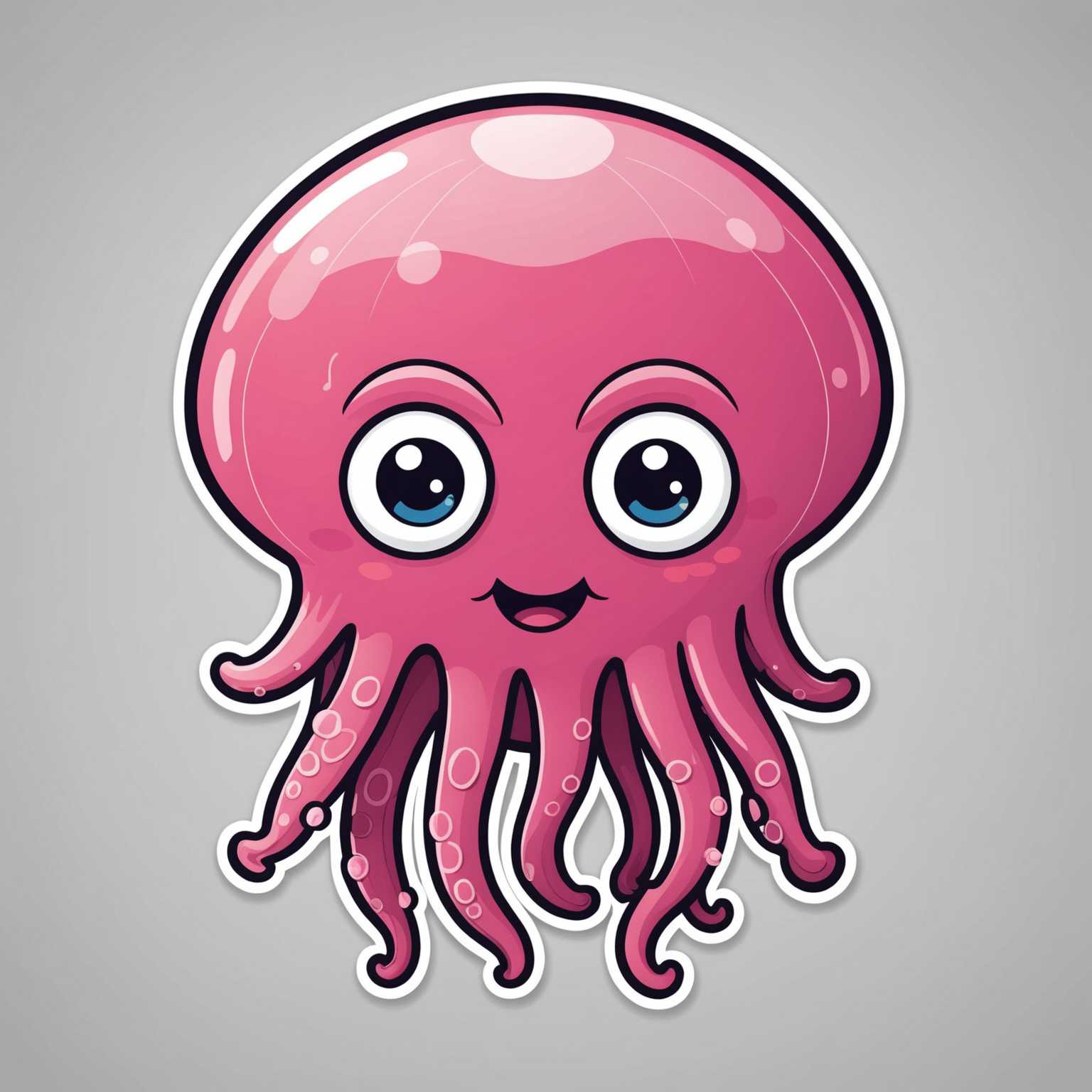 Dieser Aufkleber zeigt eine niedliche, cartoonartige rosa Qualle mit einem runden Kopf und einem lächelnden Gesicht, das große, glänzende Augen und einen kleinen Mund aufweist. Die Qualle besitzt wellige Tentakel und ist von einem weißen Umriss umgeben. Der Hintergrund ist schlicht und rosa gehalten. Perfekt als lustiger und dekorativer Aufkleber für Notizbücher, Laptops oder Handyhüllen.
