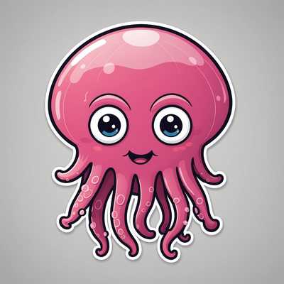 Dieser Aufkleber zeigt eine niedliche, cartoonartige rosa Qualle mit einem runden Kopf und einem lächelnden Gesicht, das große, glänzende Augen und einen kleinen Mund aufweist. Die Qualle besitzt wellige Tentakel und ist von einem weißen Umriss umgeben. Der Hintergrund ist schlicht und rosa gehalten. Perfekt als lustiger und dekorativer Aufkleber für Notizbücher, Laptops oder Handyhüllen.