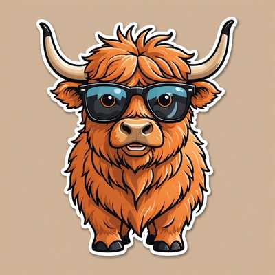 Dieser Aufkleber zeigt eine niedliche Highland-Kuh im Cartoon-Stil mit zotteligem, orangefarbenem Fell und großen Hörnern. Die Kuh trägt übergroße Sonnenbrillen und ist mit einem weißen Rand illustriert, was ihr ein aufkleberähnliches Aussehen verleiht. Der Hintergrund ist ein schlichtes Beige, das die leuchtenden Farben und einfachen Formen der Kuh betont. Ein charmantes Design im 2D-Vektor-Stil mit klaren Rändern und einer verspielten Ausstrahlung, ideal als dekorativer Aufkleber.