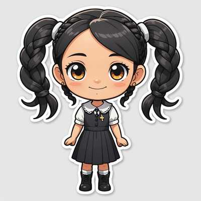 Ein niedlicher Chibi-Cartoon-Charakter mit großen, ausdrucksstarken Augen und schwarzen Haaren, die zu zwei Zöpfen geflochten sind. Sie trägt ein schwarzes Kleid mit weißem Kragen und weißen Manschetten. Der Charakter lächelt und hat einen hellen Hauttyp. Sie steht mit einer Hand spielerisch an ihr Gesicht gelegt. Der Stil des Bildes ist ein Sticker im Deadcut-Design auf weißem Hintergrund mit flachem Design, dicken Konturen, einfachen Formen, lebendigen Farben und einem süßen Ausdruck im 2D-Vektorartstil.