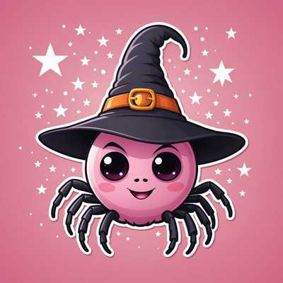 Dieses niedliche Sticker-Motiv zeigt eine Cartoon-Spinne mit großen, funkelnden Augen und rosigen Wangen. Sie trägt einen Hexenhut mit einer Schnalle und Sternendekoration. Der Hintergrund ist in einem weichen Rosa gehalten, was dem Bild eine charmante und verspielte Note verleiht. Die Spinne hat ein rundes, fröhliches Gesicht und acht kleine Beine, die perfekt zu ihrem niedlichen Ausdruck passen. Der Flat-Design-Stil mit kräftigen Umrissen und einfachen Formen sorgt für einen klaren und ansprechenden Look. Ideal als Sticker für Liebhaber von niedlichen und fantasievollen Designs.