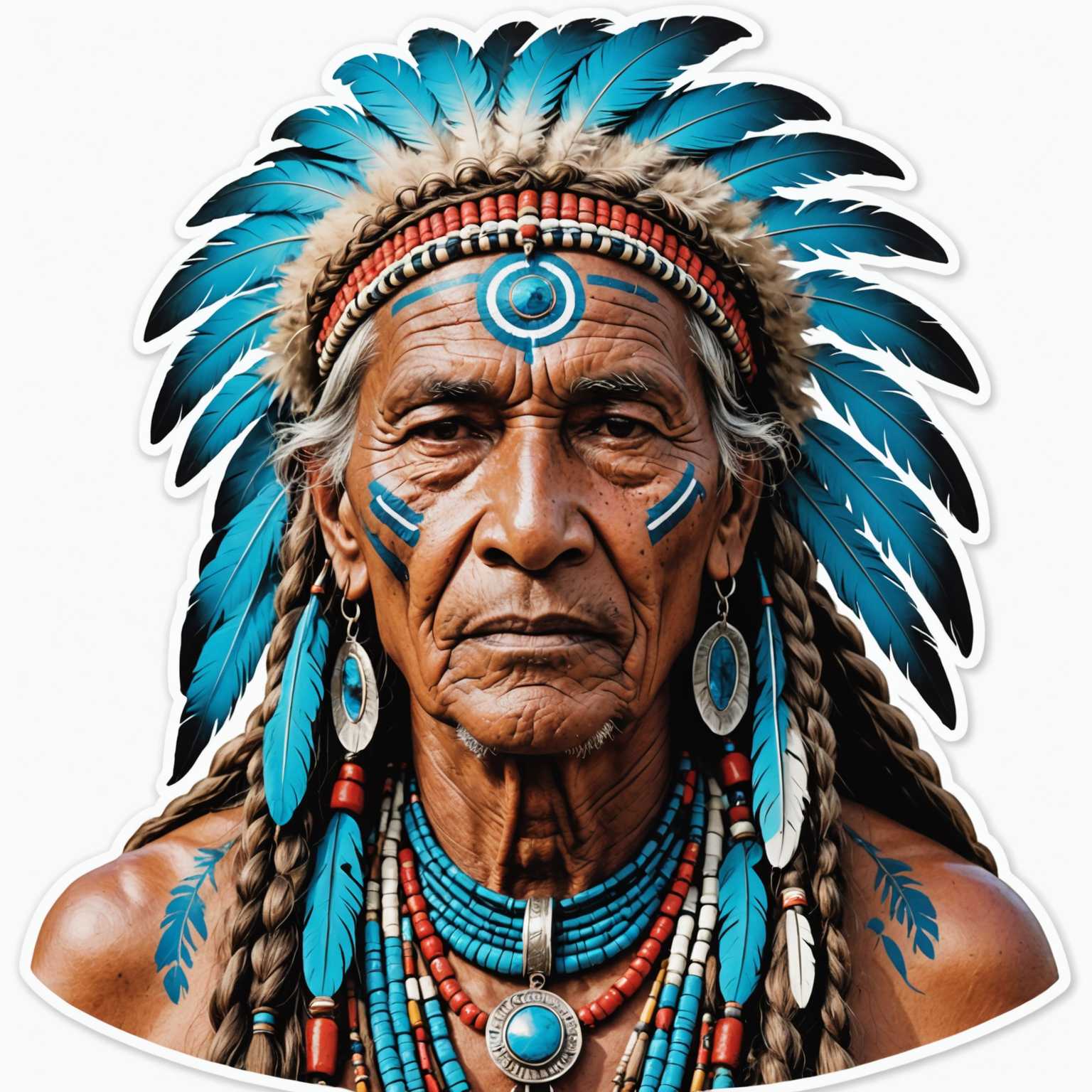 Ein älterer Mensch mit langem, geflochtenem Haar und traditioneller Stammeskleidung, geschmückt mit Federn und Schmuck. Das Gesicht ist mit blauer Farbe bemalt und trägt einen Ausdruck von Weisheit und Ernsthaftigkeit. Der Hintergrund ist hell und abstrakt, was die erdigen Kleidungstöne ergänzt. Der Sticker ist im 2D-Vektorartstil gehalten, mit kräftigen Umrissen und lebendigen Farben.
