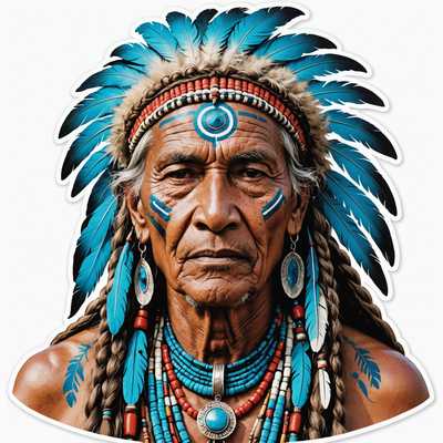 Ein älterer Mensch mit langem, geflochtenem Haar und traditioneller Stammeskleidung, geschmückt mit Federn und Schmuck. Das Gesicht ist mit blauer Farbe bemalt und trägt einen Ausdruck von Weisheit und Ernsthaftigkeit. Der Hintergrund ist hell und abstrakt, was die erdigen Kleidungstöne ergänzt. Der Sticker ist im 2D-Vektorartstil gehalten, mit kräftigen Umrissen und lebendigen Farben.