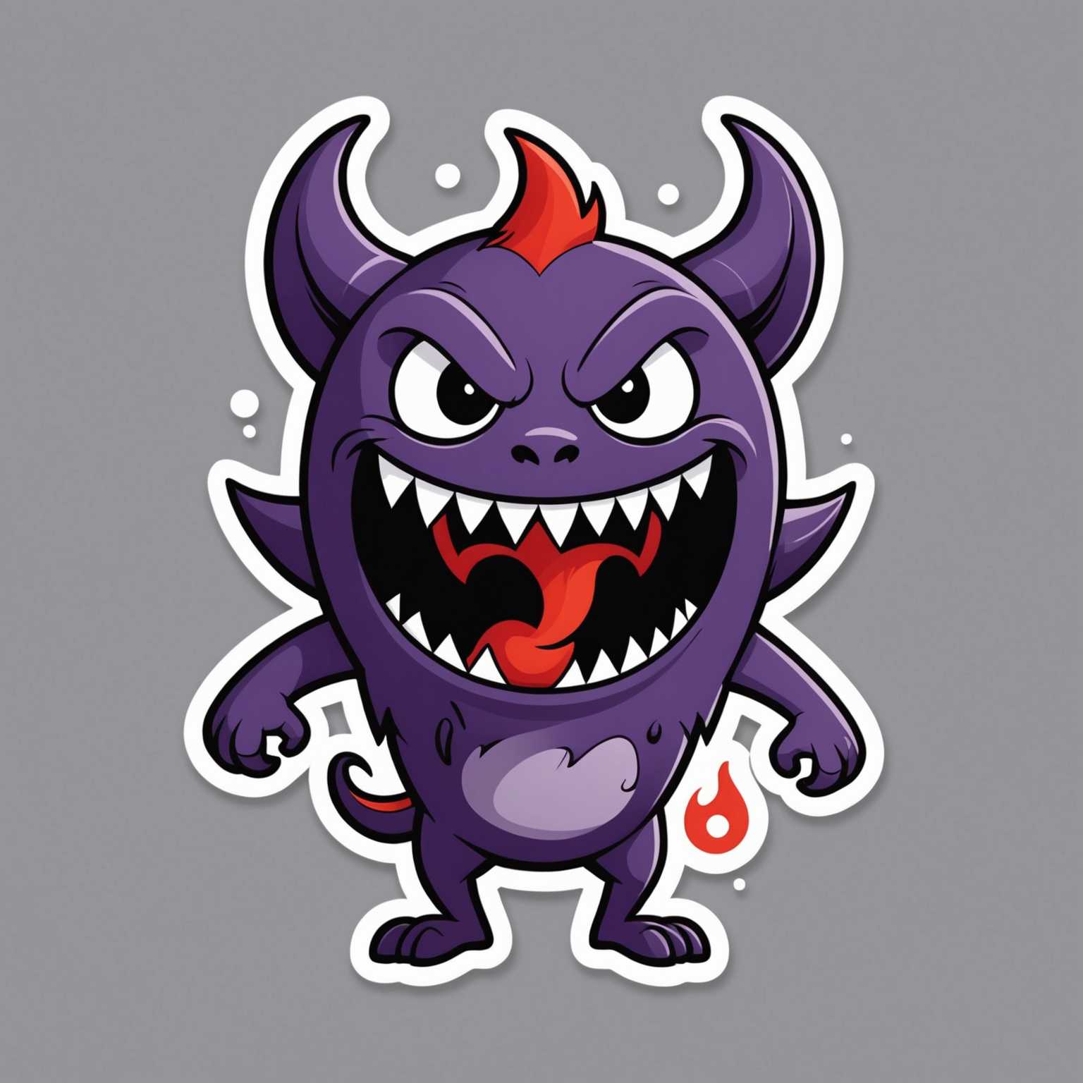 Dieser Sticker zeigt ein cartoonartiges Wesen mit einem runden Körper und einem frechen, scharfzahnigen Grinsen. Es erinnert an eine gespenstische Figur und hat spitze Ohren sowie leuchtend rote, grimmige Augen. Die Hauptfarbe ist ein dunkles Lila, mit roten Akzenten auf Kopf und Armen. Der Hintergrund ist weiß, mit zufälligen schwarzen Spritzern, die einen dynamischen, energetischen Effekt erzeugen. Der Sticker ist in einem flachen Design mit kräftigen Umrissen, einfachen Formen und lebhaften Farben gestaltet, perfekt als auffälliger und verspielter 2D-Vektorkunst-Sticker.