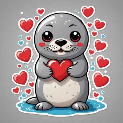 Dieses entzückende Sticker-Motiv zeigt ein cartoonhaftes Seehund, das mit großen glänzenden Augen und einer kleinen schwarzen Nase dargestellt ist. Der graue Seehund mit weißem Gesicht sitzt aufrecht und hält ein rotes Herz mit seinen Flossen. Kleine rote Herzen schweben um seinen Kopf herum und verleihen dem Bild einen liebevollen oder zärtlichen Eindruck. Der Hintergrund ist schlicht weiß gehalten, was das Motiv besonders hervorhebt. Der Stil ist ein flaches Design mit kräftigen Konturen und leuchtenden Farben im 2D-Vektorkunst-Stil für ein sauberes und ansprechendes Sticker-Design.