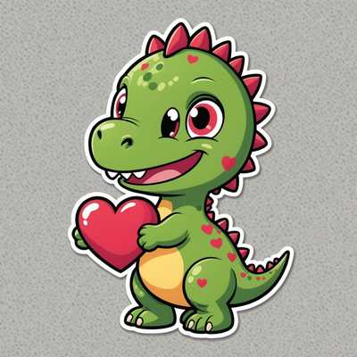 Ein niedlicher, cartoonartiger Baby-Dinosaurier mit großen, funkelnden Augen und erröteten Wangen hält ein rotes Herz. Der Dinosaurier ist hauptsächlich grün mit rosa Akzenten, wie kleinen Stacheln auf seinem Kopf und Schwanz. Er hat ein kleines Lächeln und ist von ein paar pinken und roten Herzen auf einem weißen Hintergrund umgeben. Der Stil ist bunt und verspielt und erweckt ein Gefühl von Wärme und Zuneigung. Perfekt als Sticker mit klarem Rand und flachem Design.