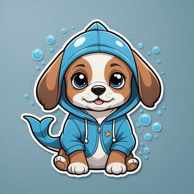 Dieser niedliche Aufkleber zeigt einen Cartoon-Welpen mit großen, ausdrucksstarken Augen und schlaffen Ohren, der fröhlich dasitzt. Der Welpe trägt einen blauen Delfin-Hoodie mit dem Gesicht und der Flosse des Delfins auf dem Kopf, was ihn besonders liebenswert macht. Sein Fell ist in weißen und braunen Flecken gemustert. Um ihn herum schweben kleine blaue Blasen und ein sanfter Schatten unter ihm verleiht dem Bild eine spielerische und fröhliche Atmosphäre. Besonders hervorzuheben ist der 2D-Vektor-Stil mit kräftigen Umrissen und klaren Kanten im Flat Design auf einem weißen Hintergrund.