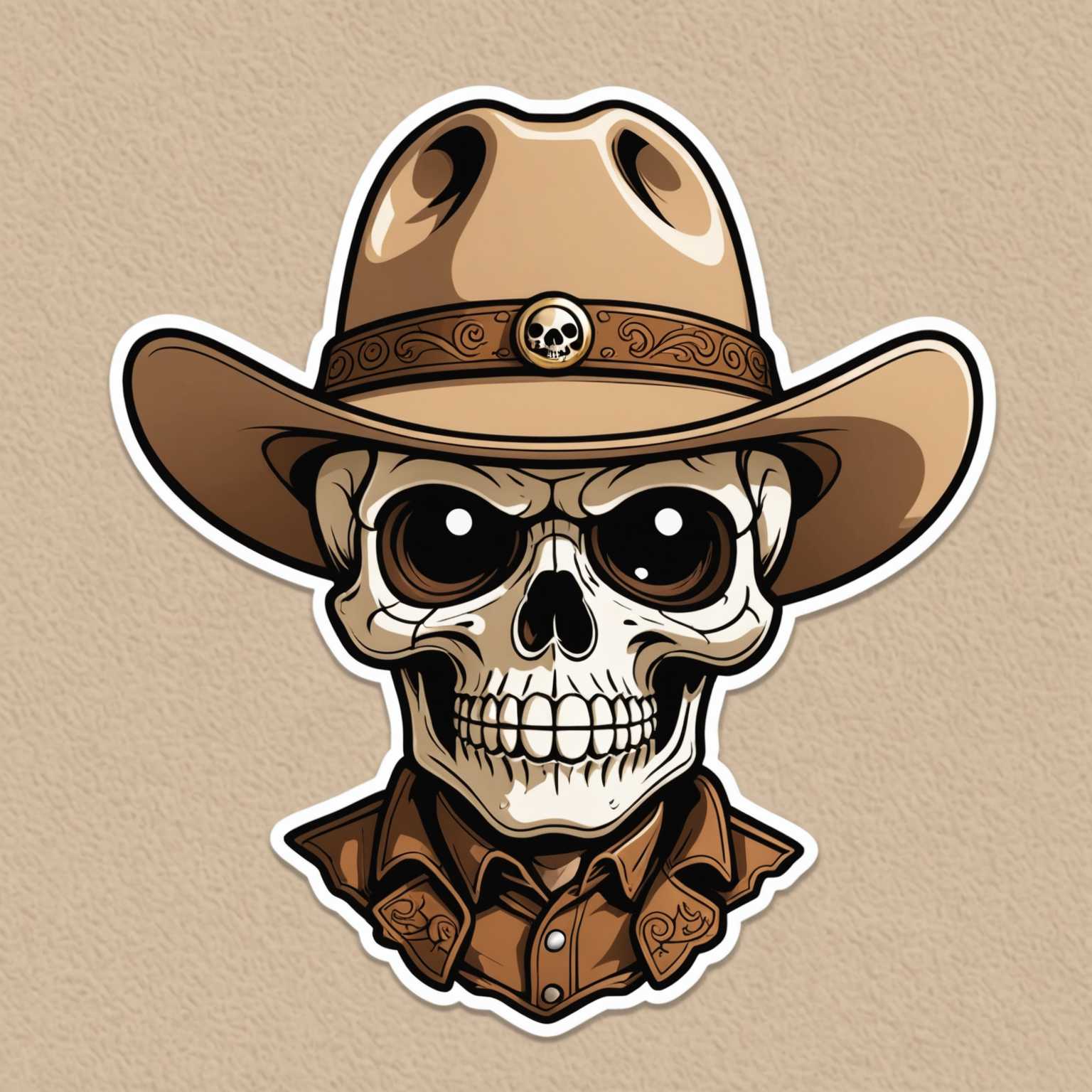 Ein niedlicher, cartoonartiger Totenkopfcharakter mit großen, glänzenden Augen und einer kleinen Nase. Der Totenkopf trägt einen braunen Cowboyhut, der mit einem kleinen Totenschädel in der Mitte verziert ist. Das Design ist mutig mit schwarzen Konturen umrandet, und der Hut zeigt Details wie Nähte und Schattierungen. Der Hintergrund ist hellbeige, und das Bild hat eine stickerartige Erscheinung. Wichtig für das Design sind der Deadcut-Stickerstil, ein flaches Design, kraftvolle Umrisse, einfache Formen, lebendige Farben, ein süßer Ausdruck, 2D-Vektorkunststil und saubere Kanten.