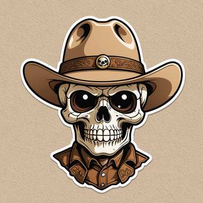 Ein niedlicher, cartoonartiger Totenkopfcharakter mit großen, glänzenden Augen und einer kleinen Nase. Der Totenkopf trägt einen braunen Cowboyhut, der mit einem kleinen Totenschädel in der Mitte verziert ist. Das Design ist mutig mit schwarzen Konturen umrandet, und der Hut zeigt Details wie Nähte und Schattierungen. Der Hintergrund ist hellbeige, und das Bild hat eine stickerartige Erscheinung. Wichtig für das Design sind der Deadcut-Stickerstil, ein flaches Design, kraftvolle Umrisse, einfache Formen, lebendige Farben, ein süßer Ausdruck, 2D-Vektorkunststil und saubere Kanten.