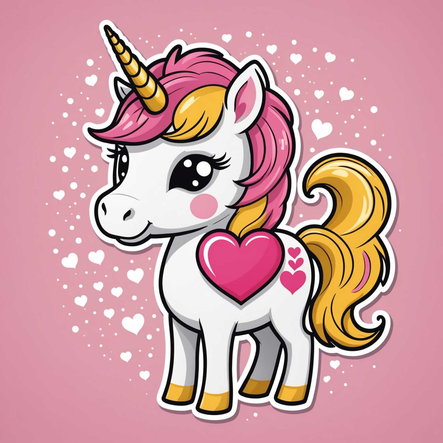 Ein liebenswertes Cartoon-Einhorn mit einer rosa-weißen Mähne und einem gelben Horn präsentiert sich in diesem Sticker-Design. Es trägt ein großes rosa Herz mit weißen Akzenten in den Armen und hat funkelnde, große Augen sowie rosige Wangen. Der Hintergrund ist hellblau, und drei kleinere rosa Herzen schweben in der Nähe. Der Sticker ist in einem 2D-Vektorart-Stil gehalten, mit kräftigen Umrissen und einfachen Formen, was ihm einen niedlichen Ausdruck verleiht. Das Gesamtbild ist einfarbig und besonders süß.