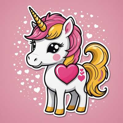 Ein liebenswertes Cartoon-Einhorn mit einer rosa-weißen Mähne und einem gelben Horn präsentiert sich in diesem Sticker-Design. Es trägt ein großes rosa Herz mit weißen Akzenten in den Armen und hat funkelnde, große Augen sowie rosige Wangen. Der Hintergrund ist hellblau, und drei kleinere rosa Herzen schweben in der Nähe. Der Sticker ist in einem 2D-Vektorart-Stil gehalten, mit kräftigen Umrissen und einfachen Formen, was ihm einen niedlichen Ausdruck verleiht. Das Gesamtbild ist einfarbig und besonders süß.