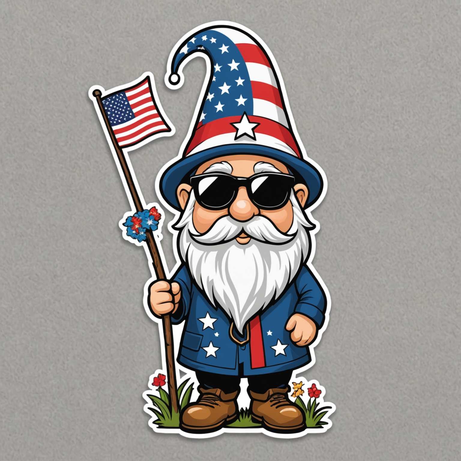 Ein niedlicher, schelmischer Gnom mit einem langen weißen Bart trägt einen hohen, spitzen Hut, der mit einem amerikanischen Flaggenmuster aus Sternen und Streifen verziert ist. Der Gnom trägt große, reflektierende Sonnenbrillen mit einem ähnlichen Flaggenmuster auf den Gläsern. Der Hintergrund enthält Wolken, kleine Gras- und Blumenflecken und eine kleine amerikanische Flagge auf einem Stock. Das gesamte Farbschema betont ein patriotisches Thema in Rot, Weiß und Blau.