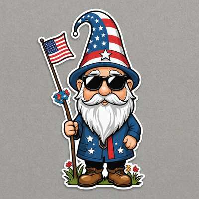 Ein niedlicher, schelmischer Gnom mit einem langen weißen Bart trägt einen hohen, spitzen Hut, der mit einem amerikanischen Flaggenmuster aus Sternen und Streifen verziert ist. Der Gnom trägt große, reflektierende Sonnenbrillen mit einem ähnlichen Flaggenmuster auf den Gläsern. Der Hintergrund enthält Wolken, kleine Gras- und Blumenflecken und eine kleine amerikanische Flagge auf einem Stock. Das gesamte Farbschema betont ein patriotisches Thema in Rot, Weiß und Blau.