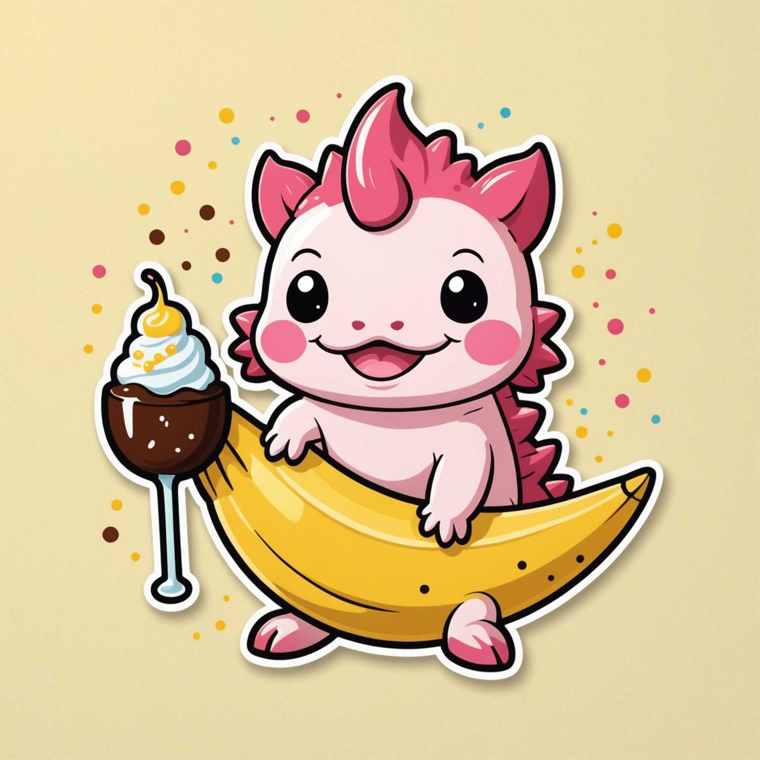 Ein niedlicher, im Cartoon-Stil gehaltener Axolotl mit pinken und roten Merkmalen sitzt auf einer Banane. Er hält einen Löffel in der Hand und ist im Begriff, einen Bananensplit zu verzehren. Das Dessert besteht aus Eiskugeln, einer Kirsche obendrauf und Schokoladensauce. Der Hintergrund ist in einem hellen Gelb gehalten und funkelt um den Axolotl herum.