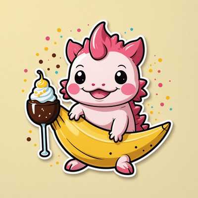 Ein niedlicher, im Cartoon-Stil gehaltener Axolotl mit pinken und roten Merkmalen sitzt auf einer Banane. Er hält einen Löffel in der Hand und ist im Begriff, einen Bananensplit zu verzehren. Das Dessert besteht aus Eiskugeln, einer Kirsche obendrauf und Schokoladensauce. Der Hintergrund ist in einem hellen Gelb gehalten und funkelt um den Axolotl herum.