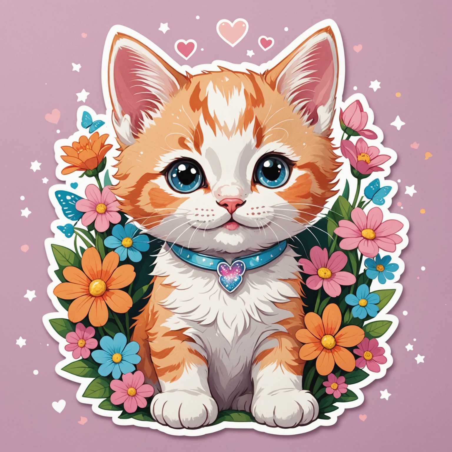 Diese entzückende Cartoon-Illustration zeigt zwei niedliche Kätzchen, die zusammen sitzen. Das Kätzchen links ist grau gestreift, während das rechte orange-weiß ist und eine Blume am Ohr trägt. Beide haben große, glänzende Augen, rosige Wangen und kleine lächelnde Münder. Sie sind von bunten Blumen umgeben, über denen Schmetterlinge flattern. Der Hintergrund ist eine weiche Mischung aus Rosa- und Hellblautönen, akzentuiert mit Funkeln und Herzen, was eine verspielte und fröhliche Atmosphäre schafft.