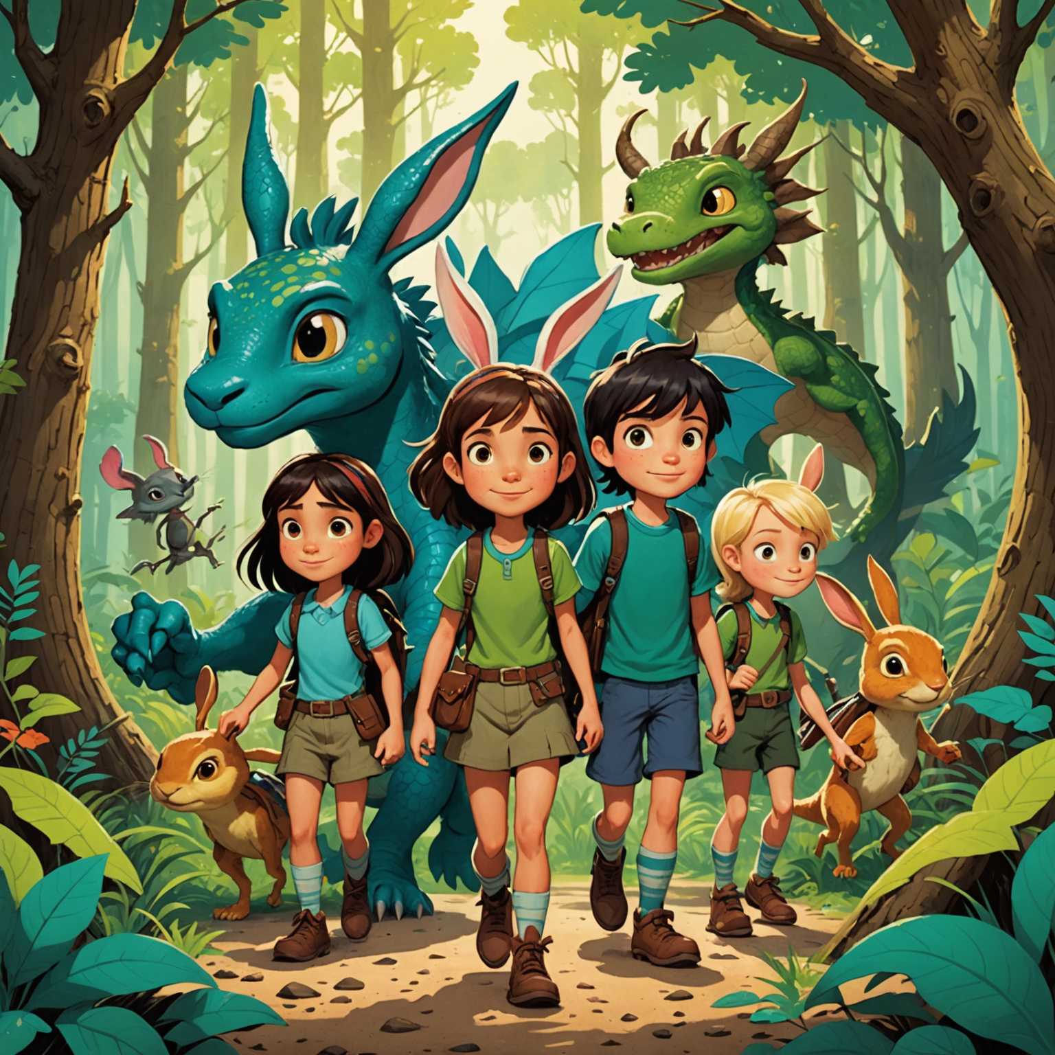 Das Buchcover zeigt eine Gruppe von fünf Cartoon-Charakteren in einer waldähnlichen Umgebung, umgeben von großen Baumstämmen. Die Charaktere bestehen aus einem Mädchen mit braunem Haar und Hasenohren, einem kleinen Mädchen mit schwarzem Haar, einem Jungen mit einer gefleckten grünen Kreatur, einem drachenähnlichen Wesen mit blauer Haut und einem vor Freude lachenden Kind mit kurzem blondem Haar. Sie alle blicken auf einen großen, fetten roten Text, der 'WHISSPERS of the Toonverse' lautet, mit dem Untertitel 'Eine Welt, in der Animation lebt'. Hinter ihnen ist der Himmel durch die Baumkronen sichtbar. Das Cover ist professionell gestaltet und weist eine ansprechende visuelle Komposition auf, die sowohl für das Genre passend als auch auf dem Markt konkurrenzfähig ist.